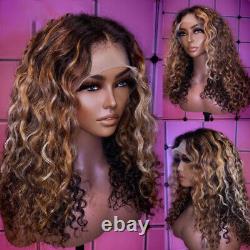 22 Inch Curly Wavy Brown Ombre Blonde Wigs Lace Front Human Hair Wig Baby Hair