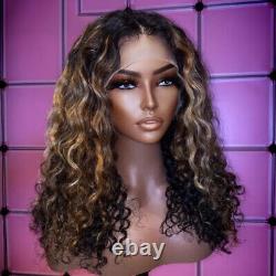 22 Inch Curly Wavy Brown Ombre Blonde Wigs Lace Front Human Hair Wig Baby Hair