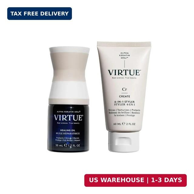 Virtue Healing Hair Oil & 6-in-1 Styling Cream Set Heat Protectant, Adds Shine